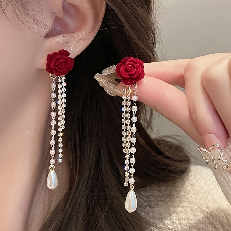 Luxury Floral Stud Earrings with Faux & Rhinestone Tassels, Copper Base & 925 Sterling Silver Posts