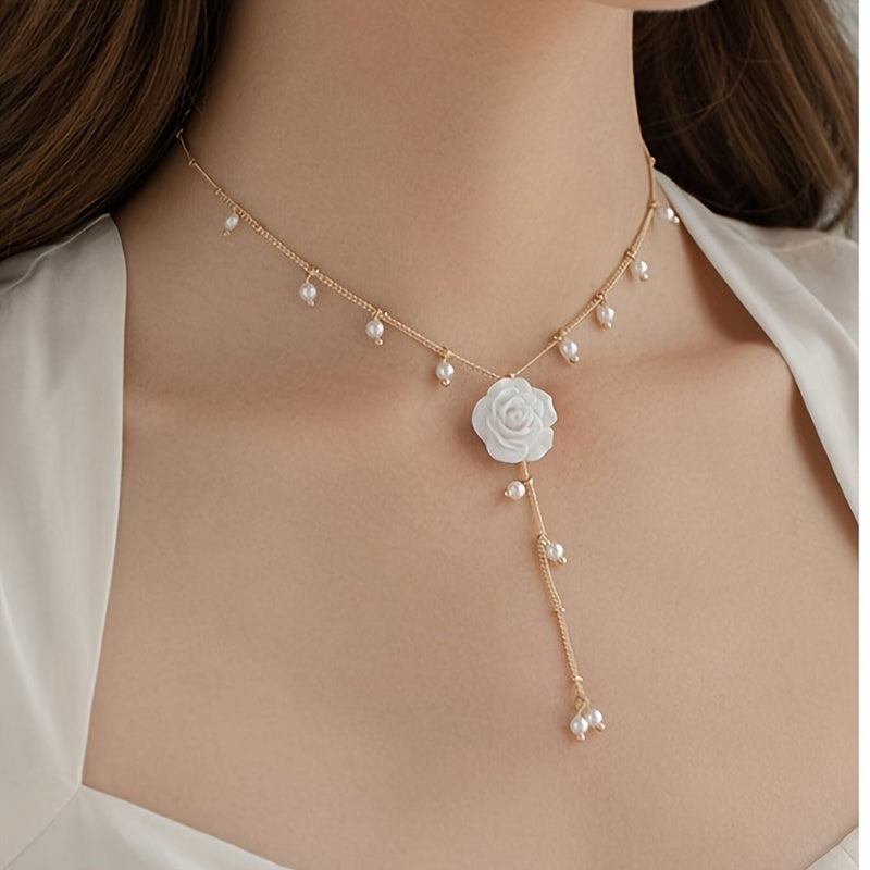 1pc Elegant Rose & Necklace with Cascading Tassel Pendant - White Floral Chain with Green Center, Artificial & Rose, Versatile Everyday Jewelry Gift for Women, Valentine's Day, Anniversary, Birthday, Year-Round Wear