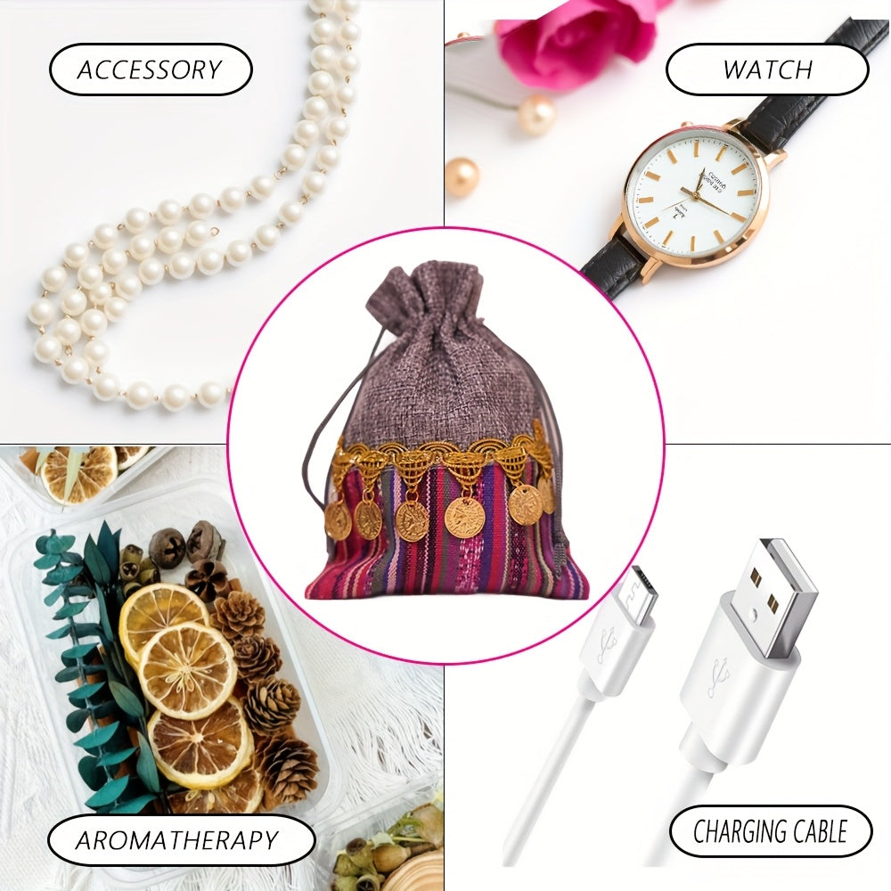 12pcs Vibrant Indian-Inspired Drawstring Bags - Durable Jute with Golden Coin Embellishments, Ideal for Jewelry, Weddings & Birthday Parties, Party Favor Bags|Traditional Design|Jute Material, Jewelry Bag