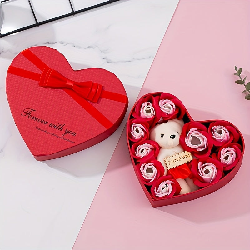 10pcs Romantic Rose Soap Gift Set with Teddy Bear - Heart-Shaped Plastic Box for Wedding, Bridal Shower, Birthday, Anniversary, Christmas, Thanksgiving, Valentine's Day, Mother's Day, Graduation - No Electricity Needed, Feath