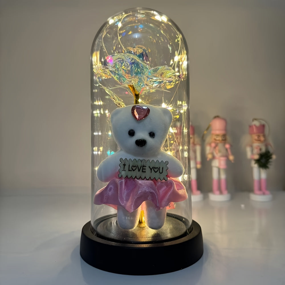 LED Lighted Golden Foil Flower with Bear, Plastic 3D Rose Gift Set, Battery Operated, Home & Kitchen Decor, Perfect for Valentine's Day & General Holidays, No Batteries Included