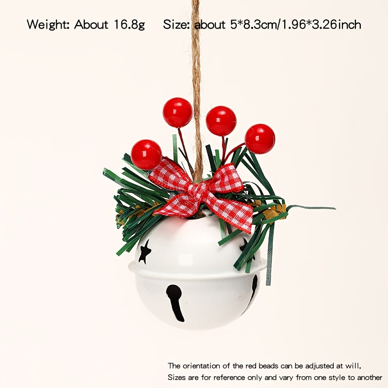 1 Set Christmas Jingle Bell Ornaments, Metal Hanging Decorations with Red Berries and Plaid Bows, Holiday Tree and Wreath Accents, No Electricity Required, Festive Wall and Door Decor