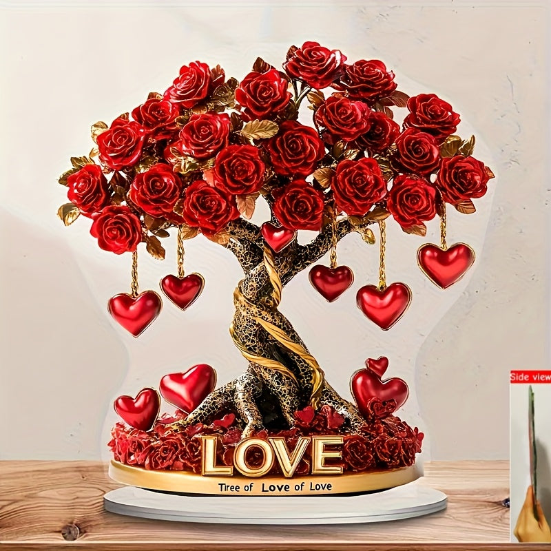 2D Flat, 1pc Bohemian Acrylic 2D Crystal Heart Rose Tree Decoration with Golden Base & Red Roses - "Tree of Love" English Inscription, No Batteries Needed, 2D Flat, Christmas Decor