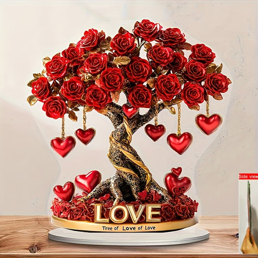 2D Flat, 1pc Bohemian Acrylic 2D Crystal Heart Rose Tree Decoration with Golden Base & Red Roses - "Tree of Love" English Inscription, No Batteries Needed, 2D Flat, Christmas Decor