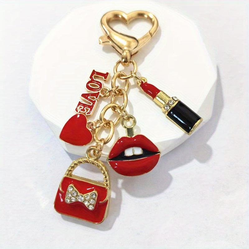 Valentine's Day Gift for Her - Retro Rhinestone-Embellished LOVE Letter & Heart Charm Keychain with Red Lips, Golden-Tone Alloy Purse Accessory for Keys or Bags, Stylish Key Organizer, Bold Lip Design, Rhinestone Embellishmen