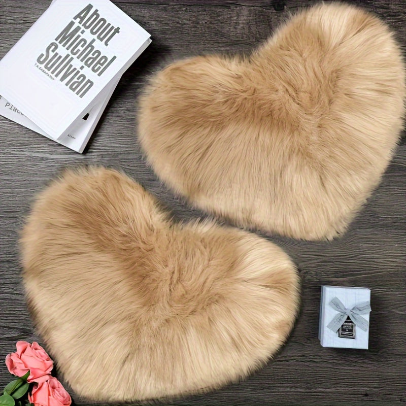 2pcs Black Plush Heart-Shaped Mat Ornaments - Soft Faux Artificial Wool, Machine Washable, Decorative Floor Mats for Bedroom, Living Room & Dressing Table, Perfect Christmas Gift with Elegant Floral Accents, Bedroom Decor | P