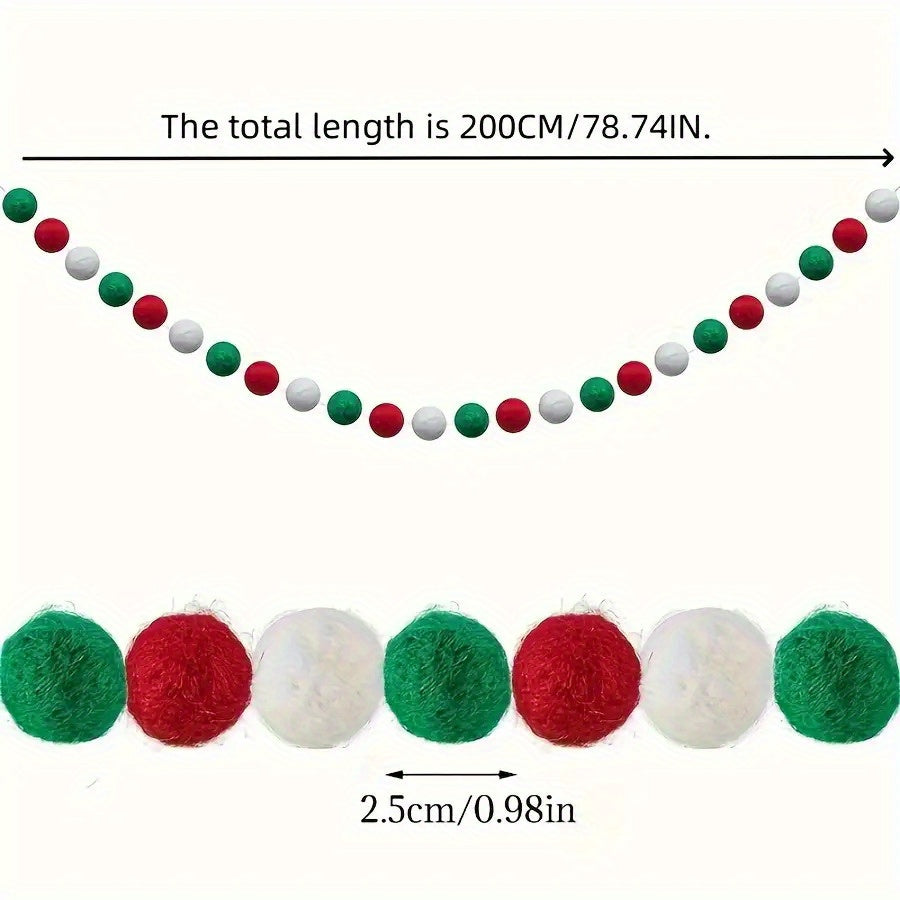 2m/6ft Christmas Garland - Red, Green, White Hanging String with Ball Ornaments - Easy Hang No Electricity Needed - Durable Polyester Chains for Xmas Tree, Mantel, Wreaths, Party Decorations - Indoor/Outdoor Holiday Decoratio