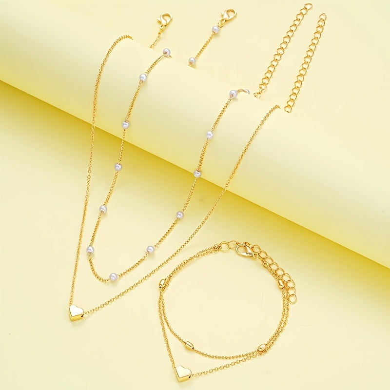 3pcs Elegant Minimalist Heart-Shaped Faux Pearl Necklace Bracelet Set, Adjustable Adjustable Chain, Suitable for Women'S Daily Wear and Holiday Gifts, Classic Versatile Commuter Style Valentine'S Day Present