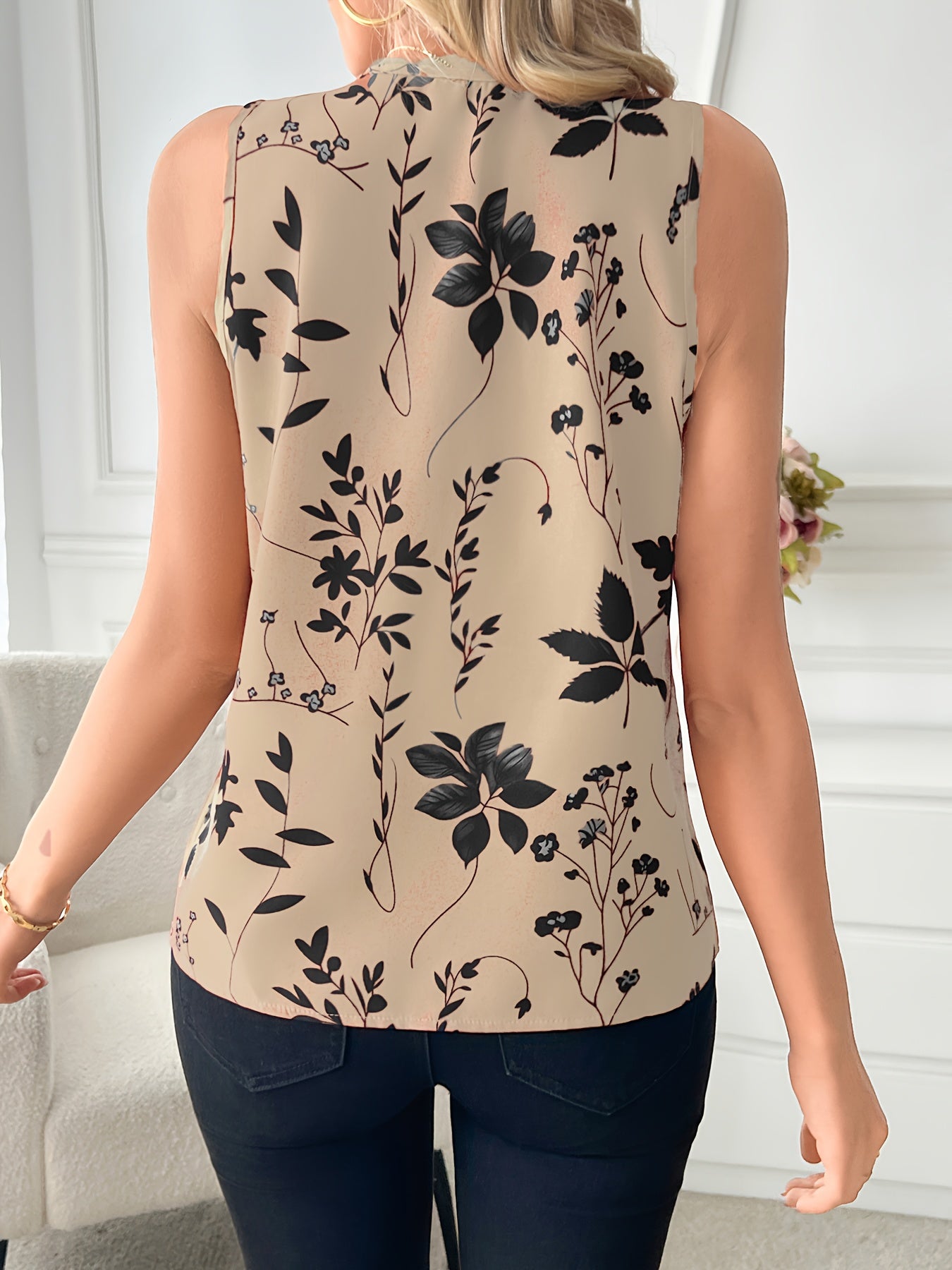 Elegant Women's V-Neck Blouse with Floral Print - Sleeveless, Casual Summer Top, Machine Washable