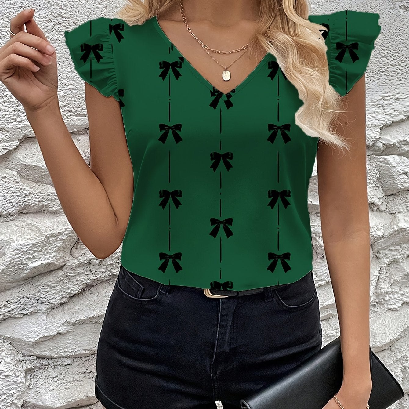 Graceful Women's Bow Print Flutter Sleeve Blouse Short-Sleeve Top