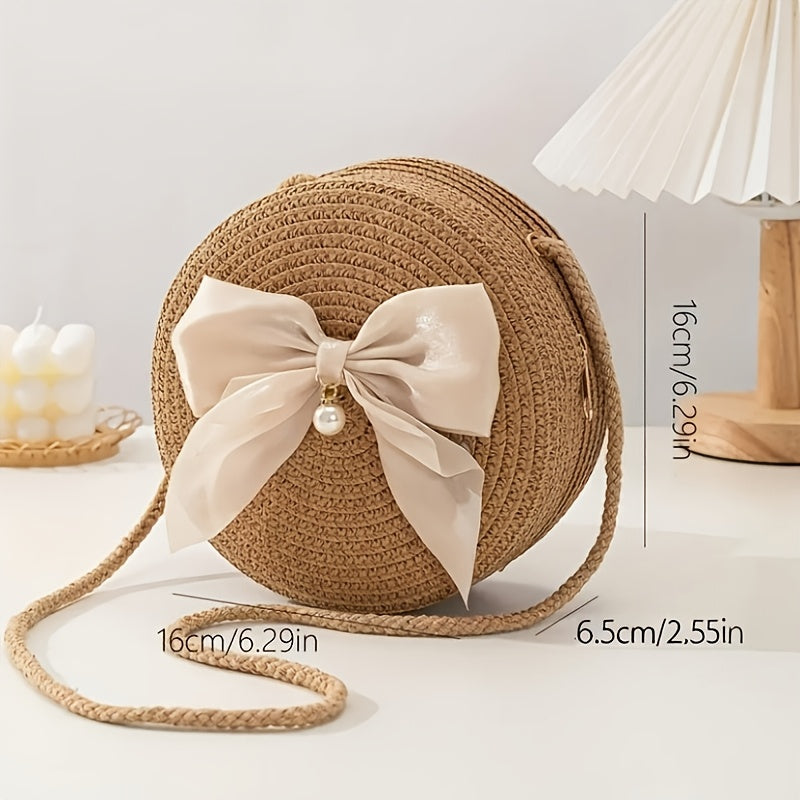 Elegant Coffee-Colored Round Woven Crossbody Bag with Pearl Bow Detail