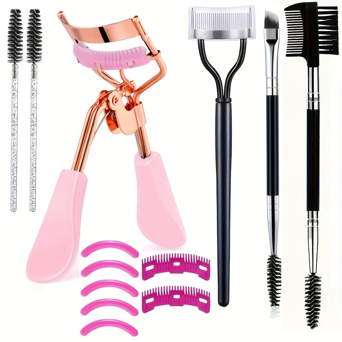 Eyelash Curler, Women's Eyebrow Brush Set, Eyelash Curler with Comb, Eyelash Comb Separator, 3-in-1 Mascara Brush, 2-in-1 Beveled Eyebrow Brush and Comb, Eyelash Curler Replacement Strip, Comb. Suitable for all eye shapes, qu