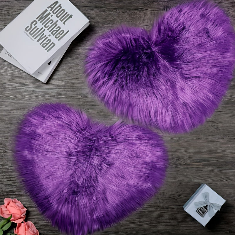 2pcs Black Plush Heart-Shaped Mat Ornaments - Soft Faux Artificial Wool, Machine Washable, Decorative Floor Mats for Bedroom, Living Room & Dressing Table, Perfect Christmas Gift with Elegant Floral Accents, Bedroom Decor | P