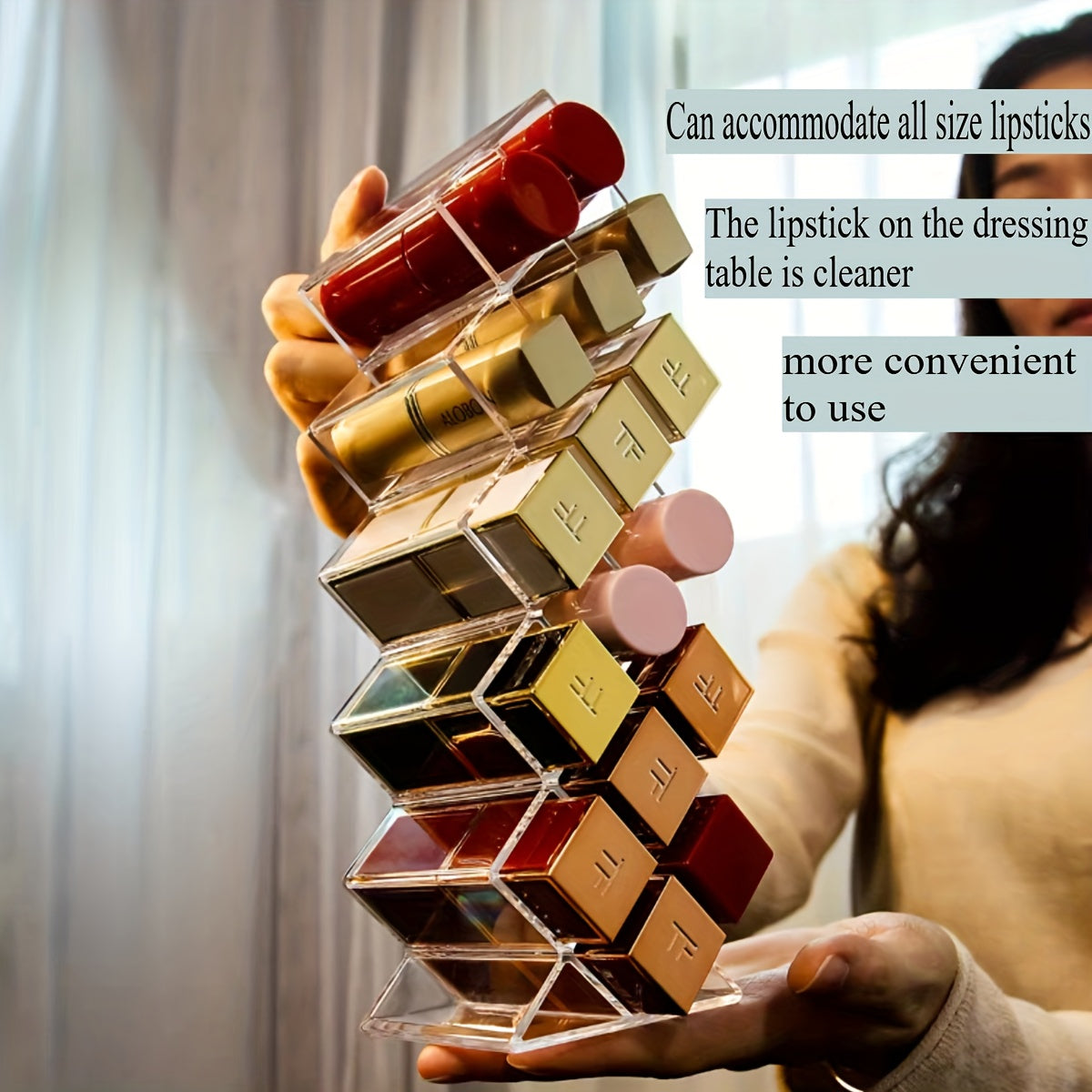 16-Compartment Transparent Lipstick Organizer - Durable Plastic Makeup Storage Box for Vanity or Bathroom Counter, Lightweight & Portable, No Power Needed, Vanity Accessories