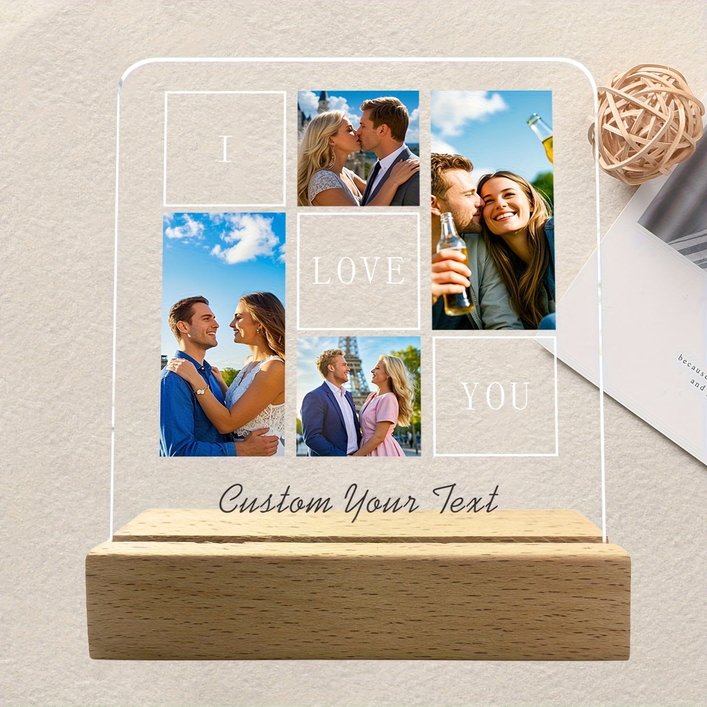 2D Flat, 2D Flat Custom Crystal Plaque - 1 Piece with 4 Photos & Text, Bohemian-Style Desktop Decoration Stand for Anniversaries/Birthdays (Mother's Day or Valentine’s) – Unisex Gift Idea + Wedding Halloween Christmas Dé