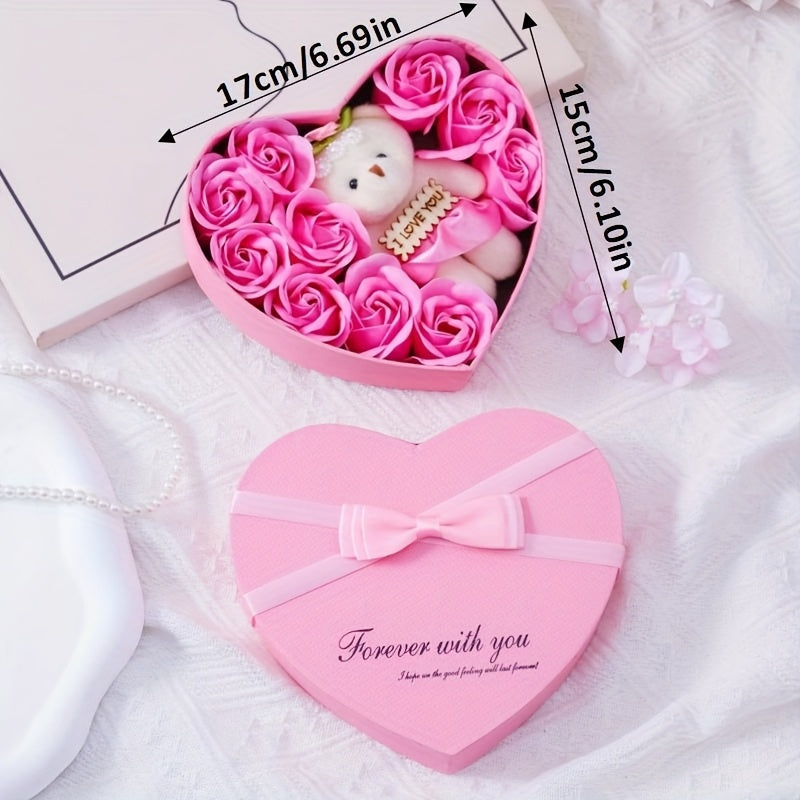 10pcs Romantic Rose Soap Gift Set with Teddy Bear - Heart-Shaped Plastic Box for Wedding, Bridal Shower, Birthday, Anniversary, Christmas, Thanksgiving, Valentine's Day, Mother's Day, Graduation - No Electricity Needed, Feath