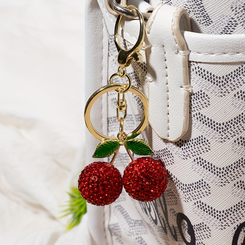 1pc Creative Cute Fruit Rhinestone Cherry Keychain for Women, Alloy Metal, Cartoon Plant Theme, Lobster Clasp, Decorative Car Key Pendant, Birthday Festival Gift, Key Accessories