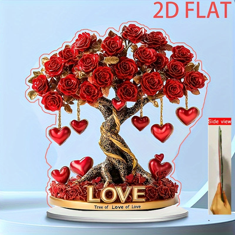 2D Flat, 1pc Bohemian Acrylic 2D Crystal Heart Rose Tree Decoration with Golden Base & Red Roses - "Tree of Love" English Inscription, No Batteries Needed, 2D Flat, Christmas Decor