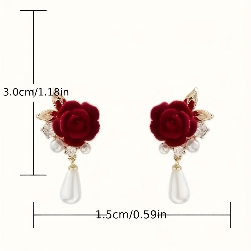 Red Rose Floral earrings - with Golden Leaves & Burgundy Roses