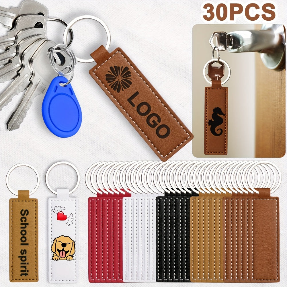 30pcs Faux Leather Key Fob Kit, 4.09*0.98in Rectangular Faux Leather Keychain Blanks with Keychain Rings, Laser Engraving Keychain -DIY School/Corporate Logos Gifts Stamping DIY Handicrafts for Faux Leather Working, Faux Leat