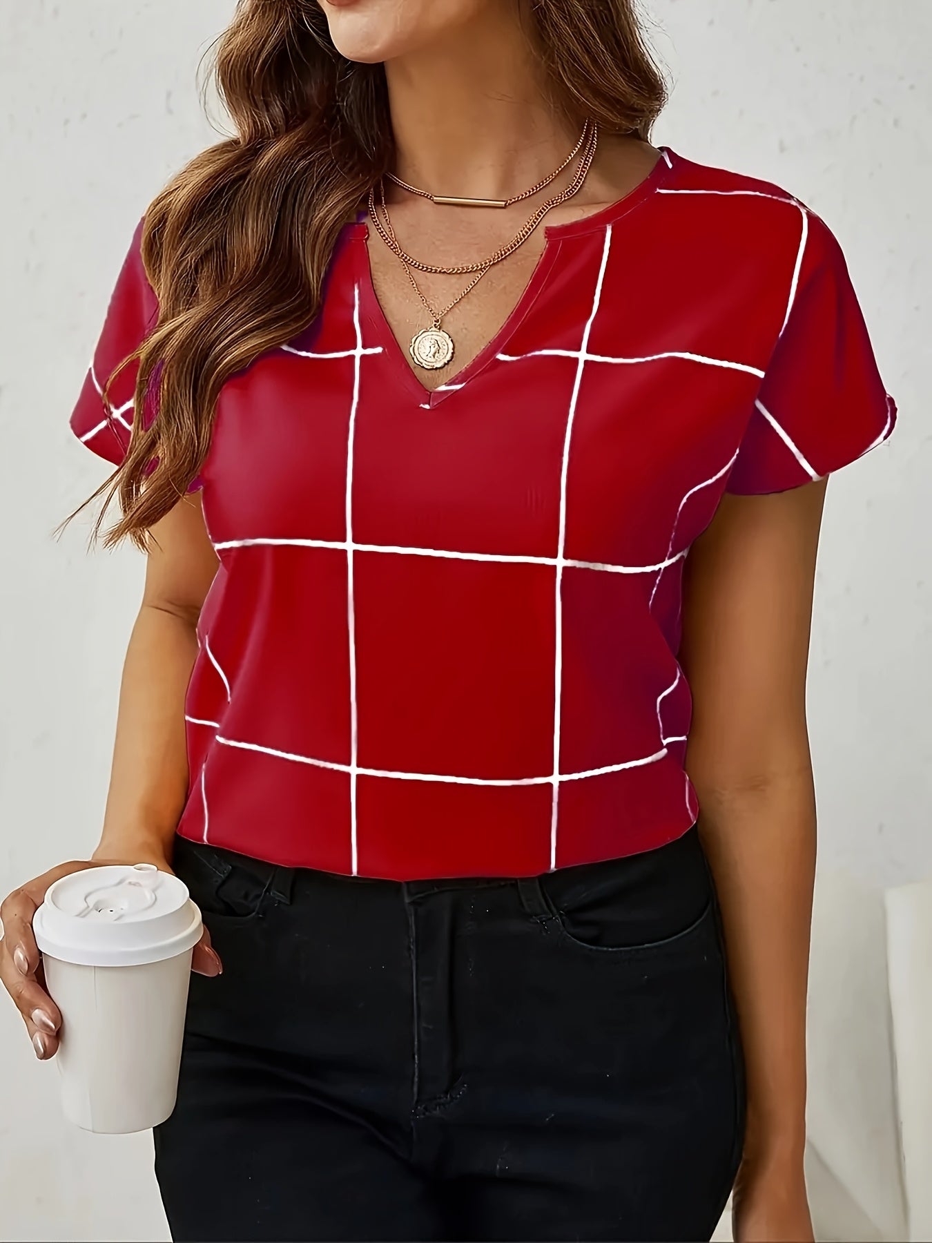 Women's Casual Plaid Print Shirt, V-Neck Short Sleeve Buttonless Blouse, Perfect for Spring and Summer Daily Outings, Vacation, Commuting, Stylish Women's Top, Cute T-Shirt, V-Neck, Summer Wear, Elegant Top, Casual Shirt, Ret