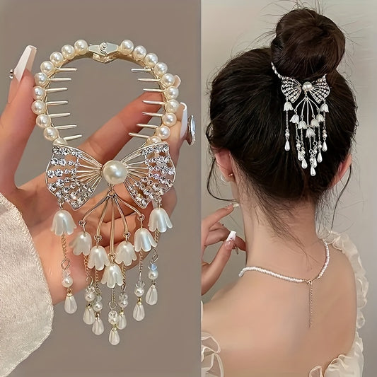 Elegant Rhinestone Butterfly-Lily Hair Clip, Pearl Tassel Bellflower Hair Accessory for Girls, All-Season Versatile Hairpin, Ideal Gift for Special Occasions, Fits Daily And Casual Wear, Over 15, 1pc