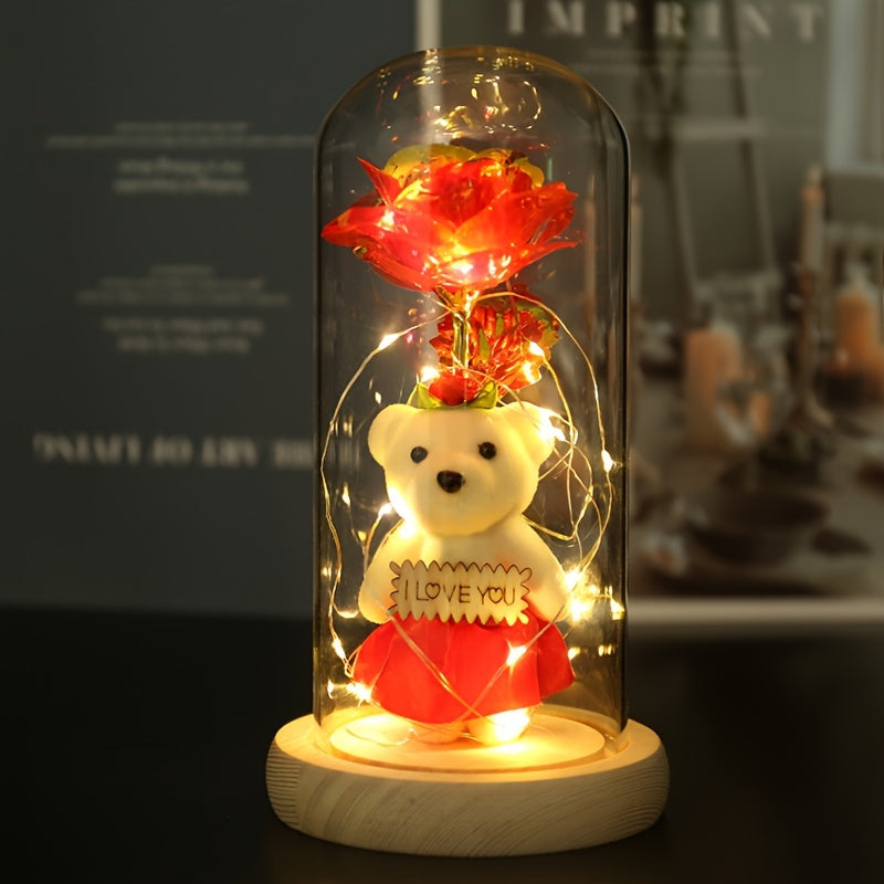 LED Lighted Golden Foil Flower with Bear, Plastic 3D Rose Gift Set, Battery Operated, Home & Kitchen Decor, Perfect for Valentine's Day & General Holidays, No Batteries Included
