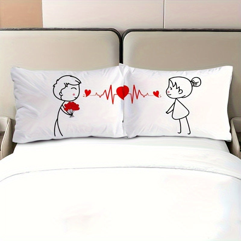 2-Pack Romantic Couple Cartoon Pillowcases - French Style Endless Love Design, Soft Polyester Single-Sided Print, Wrinkle & Fade Resistant, All-Season White Bedding with Zipper Closure (Pillow Inserts Not Included), Bed Room