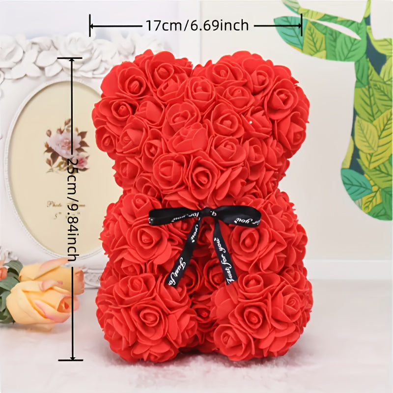 1pc Extra Large Floral teddy bear - with Burgundy/Red Roses, Elegant gift for Valentine's Day, Mother's Day, Wedding, Birthday, Anniversary - Long-Lasting Artificial Flower Bouquet Centerpiece - No Maintenance Required - Perf
