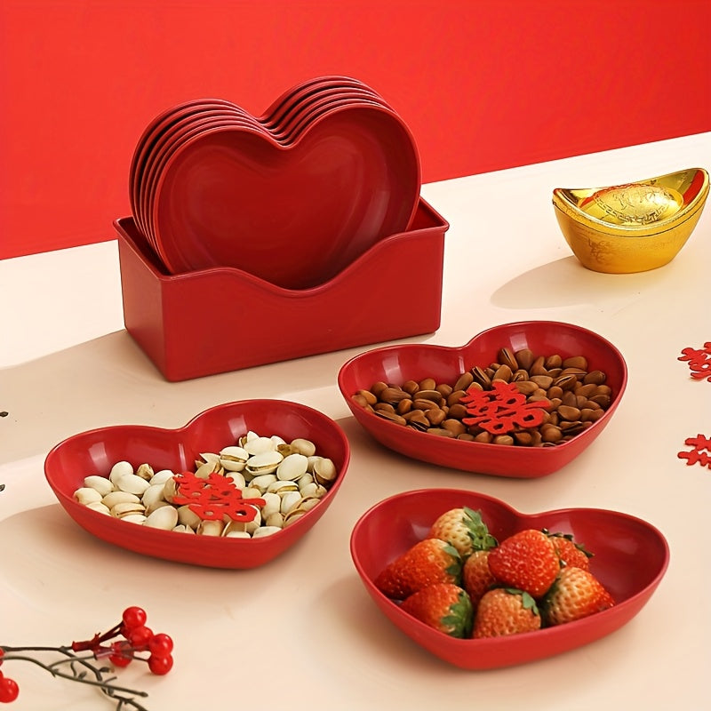 6pcs Plastic Heart-Shaped Serving Plate Set Red Love Theme Fruit, Snack and Candy Plate, for Valentine'S Day, Wedding, Banquet and Special Occasions
