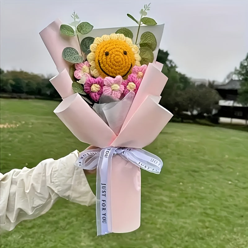 Realistic Knit Sunflower Bouquet with Smiling Face - No Electricity Needed, Durable Polyester Floral Arrangement for Home Decor, Birthday & Thanksgiving Gifts, Office & Party Centerpieces, Handmade Aesthetic Tabletop Decor, S