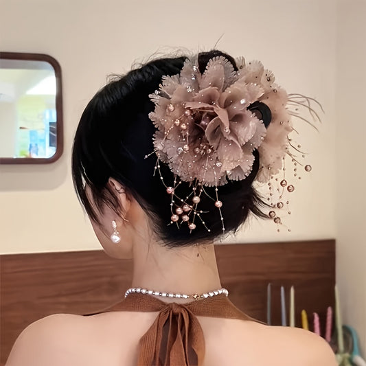 Feather beaded tassel flower hair clip, fluffy peony flower grappling clip for increased hair volume, shark clip for elegant hair flower accessory