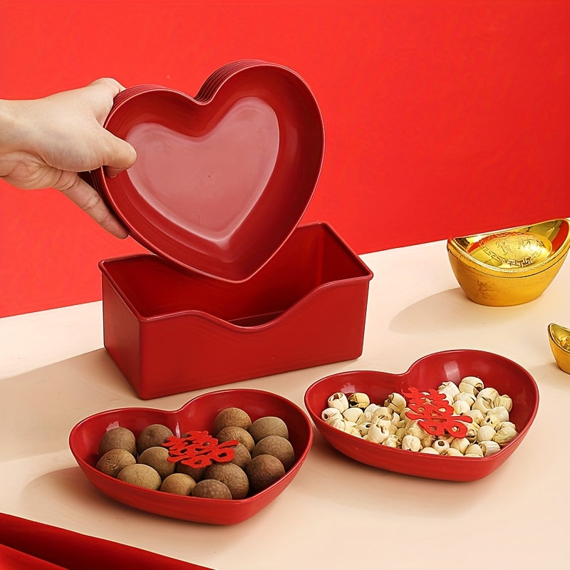 6pcs Plastic Heart-Shaped Serving Plate Set Red Love Theme Fruit, Snack and Candy Plate, for Valentine'S Day, Wedding, Banquet and Special Occasions