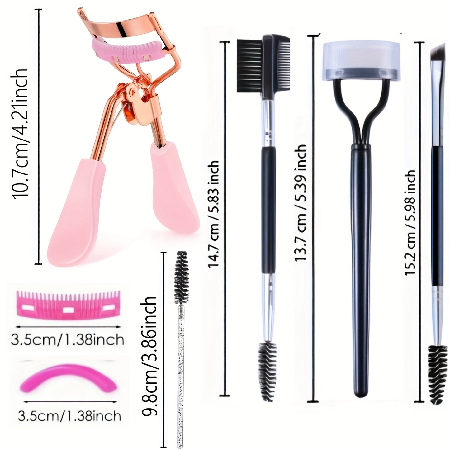 Eyelash Curler, Women's Eyebrow Brush Set, Eyelash Curler with Comb, Eyelash Comb Separator, 3-in-1 Mascara Brush, 2-in-1 Beveled Eyebrow Brush and Comb, Eyelash Curler Replacement Strip, Comb. Suitable for all eye shapes, qu