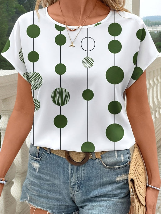 Women's Casual Green & White Geometric Print Long Sleeve Blouse - Lightweight Polyester, Round Neck, Machine Washable, Perfect for Spring/Summer/Fall