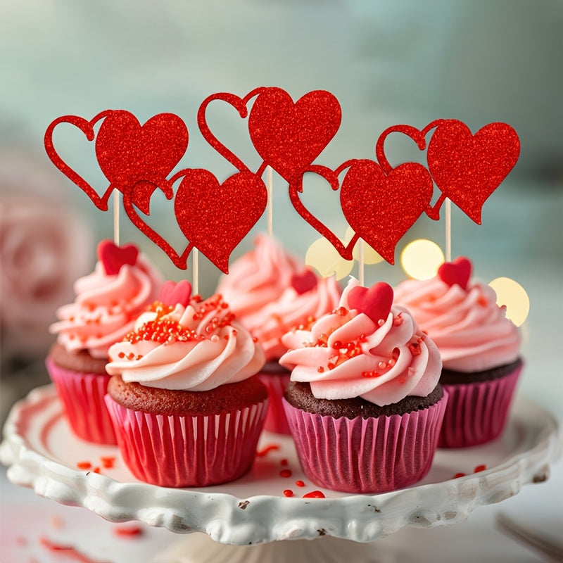 24pcs Valentine'S Day Cupcake Toppers, Glitter Hollow Love Cupcake Toppers, Picks, Red Love Heart Birthday Cake Decorations for Valentine'S Day, Weddings, Engagements, Showers, Festival Party Cake Decor for Halloween, Christm