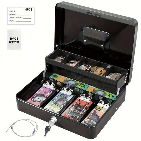 Lockable Cash Box with Coin Tray, Durable Metal Money Box with Key Lock for Bills And Change Portable Organizer for Markets, Events, Vendors And Fundraisers