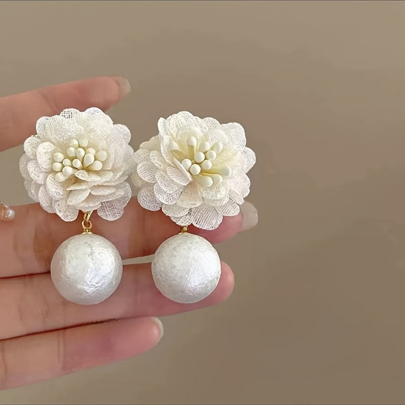 French Fabric Flower Drop Earrings with Imitation Pearl