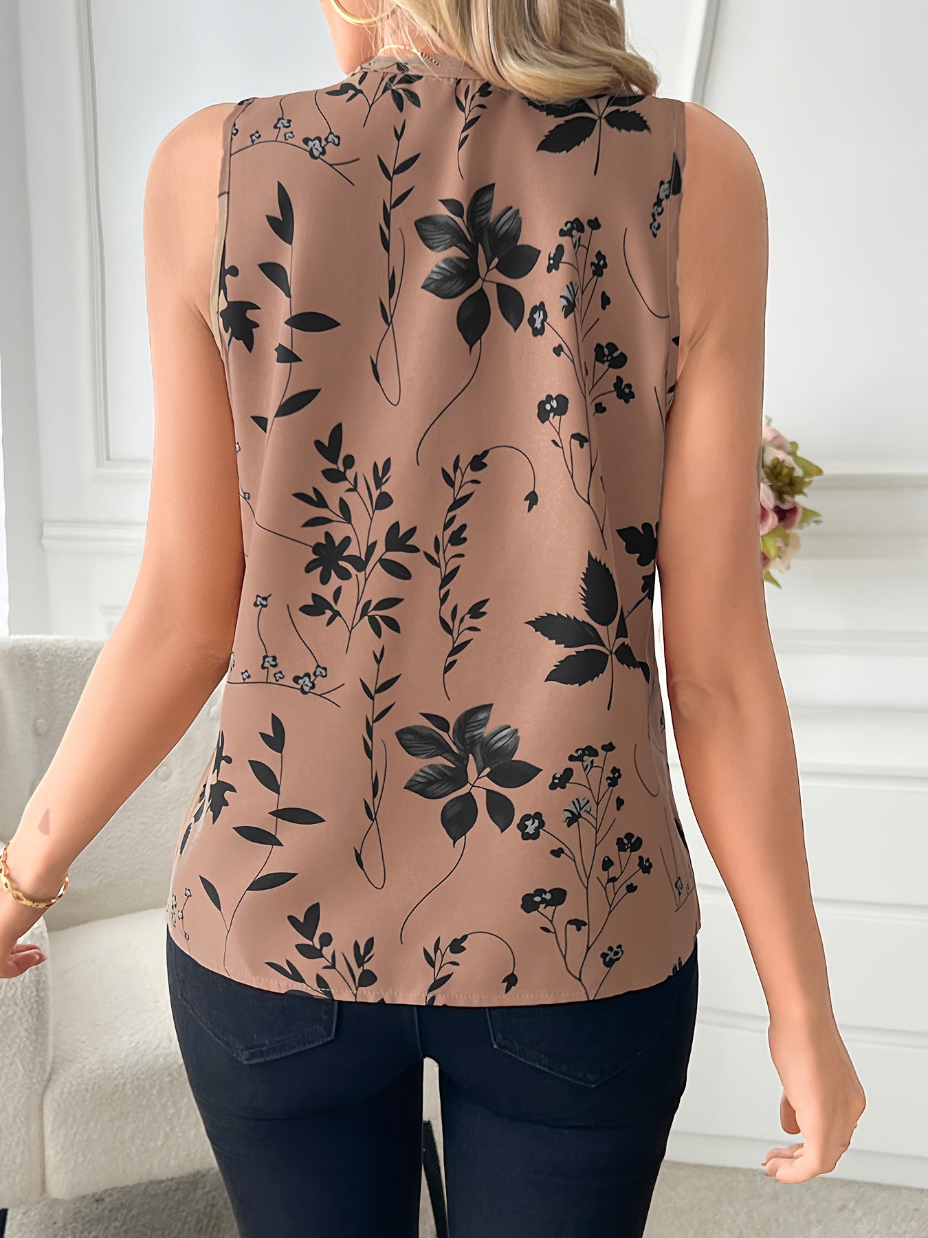 Elegant Women's V-Neck Blouse with Floral Print - Sleeveless, Casual Summer Top, Machine Washable