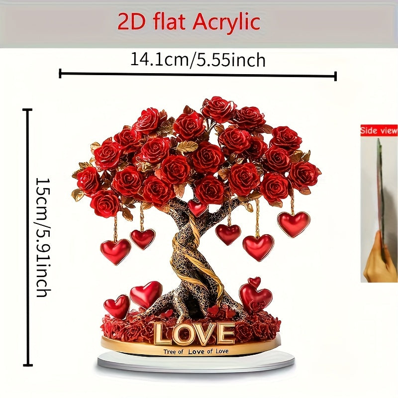 2D Flat, 1pc Bohemian Acrylic 2D Crystal Heart Rose Tree Decoration with Golden Base & Red Roses - "Tree of Love" English Inscription, No Batteries Needed, 2D Flat, Christmas Decor