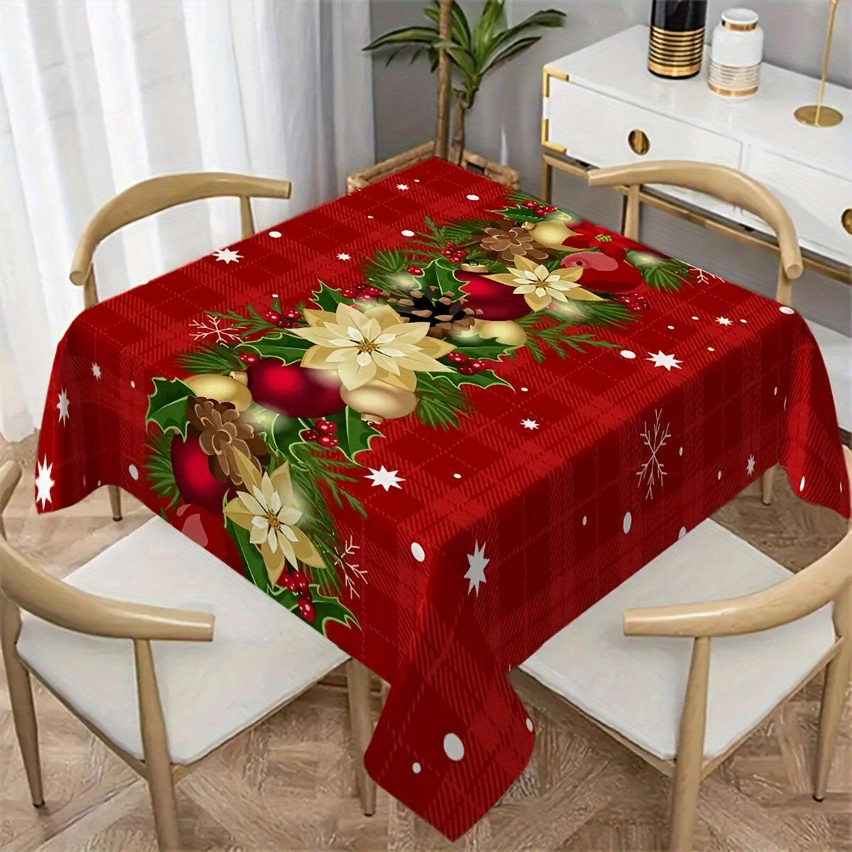 1PC Red and White Plaid Christmas Decorative Print Foldable Easy Storage Tablecloth, Suitable for Kitchen, Dining Room, Holiday, Party
