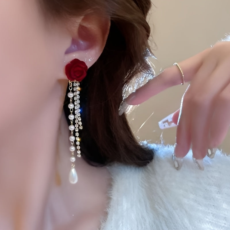 Luxury Floral Stud Earrings with Faux & Rhinestone Tassels, Copper Base & 925 Sterling Silver Posts