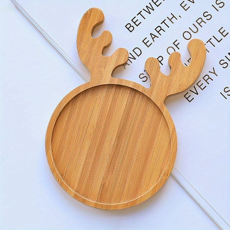 1pc Holiday Deer Bamboo Plate - Mini Sushi, Fruit & Dessert Serving Tray with Natural Wood Finish, Reusable Christmas Party Centerpiece & Snack Display, High-Quality Recycled Wood for Festive Table Decor, Holiday Table Decor