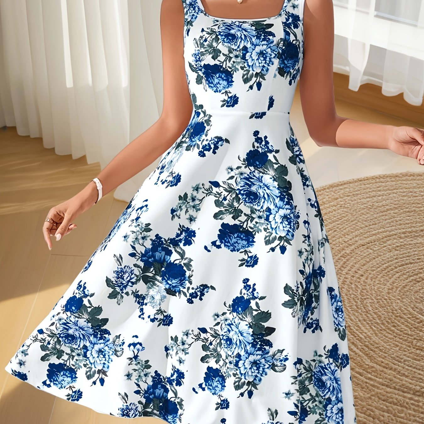 Elegant Women'S Sleeveless Floral Print Midi Dress in Lavender with Square Neckline and A-Line Silhouette - Perfect for Spring/Summer, Floral Print Dress