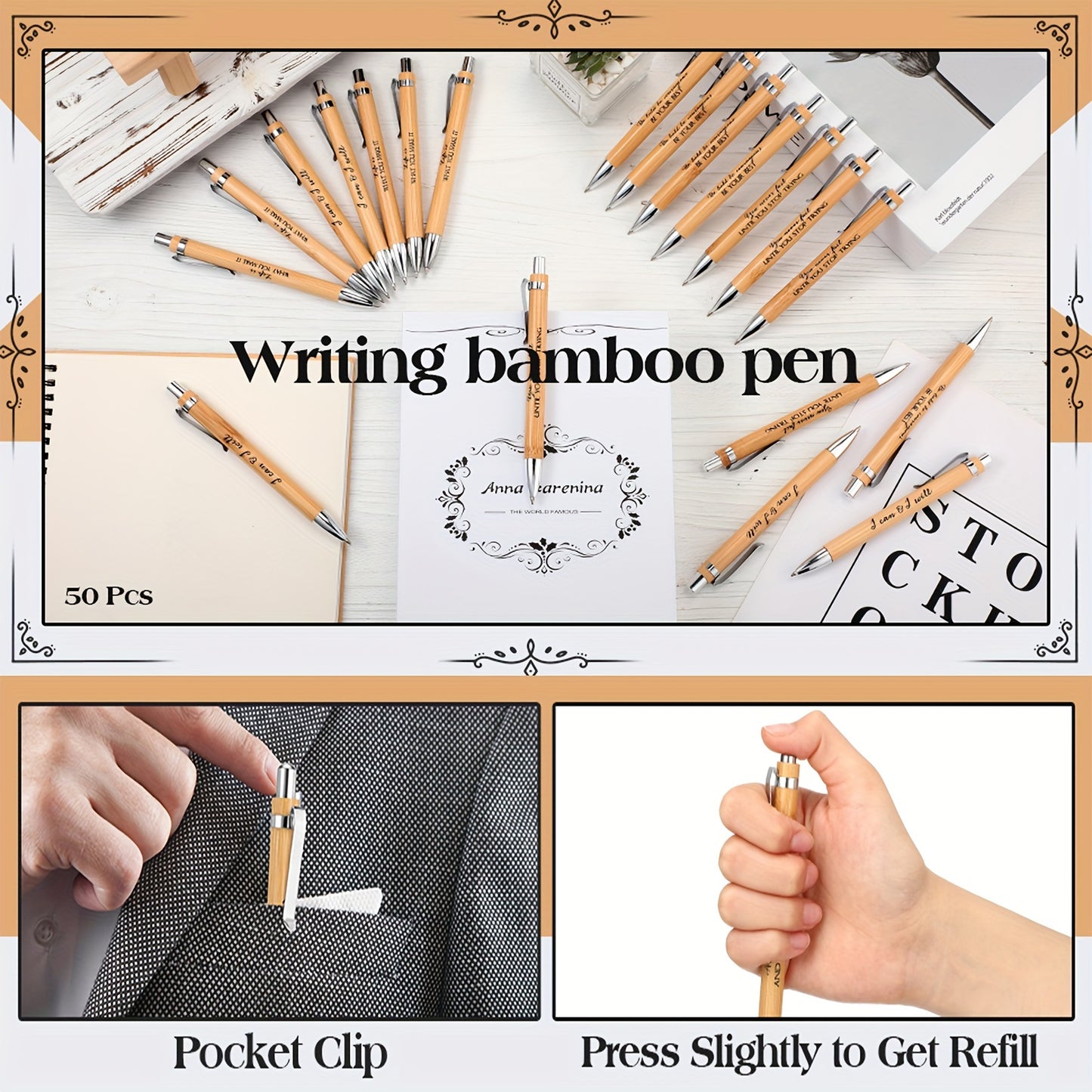 30pcs Customized Engraved Bamboo Pens, Black Ink, Stick Construction, for Teachers, Office, Supplies, Colleagues, Employee Appreciation Gifts - Ideal for Camping Stationery, Customized Stationery, Corporate Giveaways, Teacher