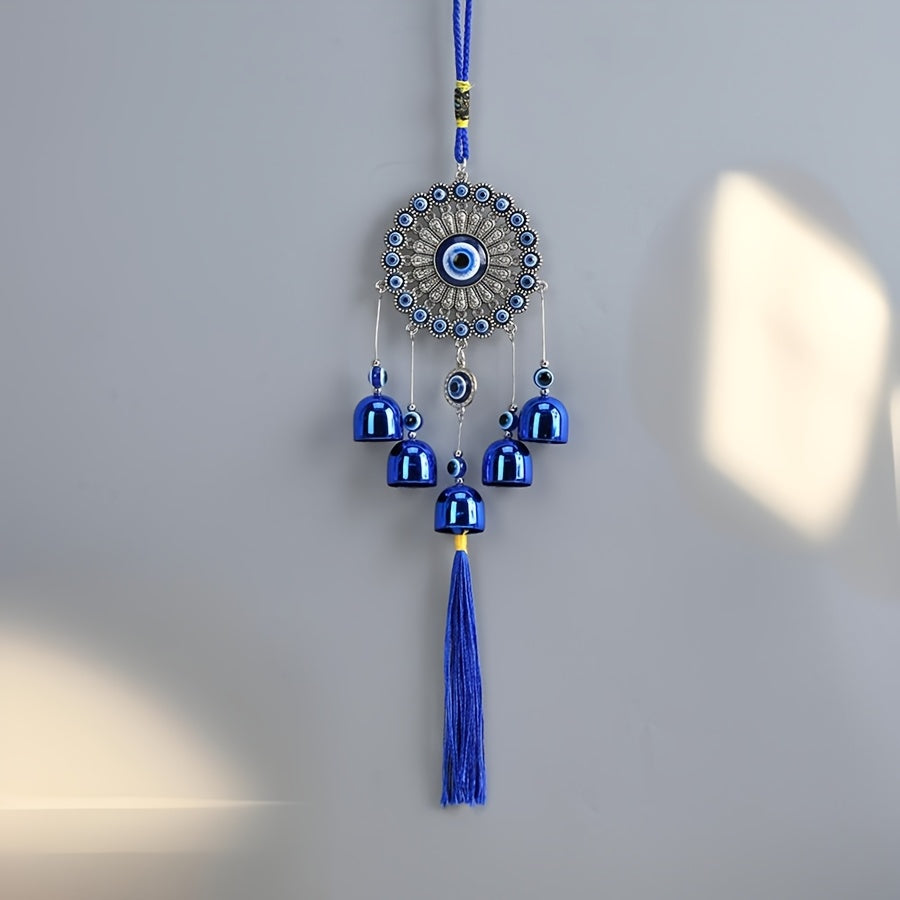 1pc Blue Evil Eye Wind Chime with Tassels – Metal Wall Hanging Decor for Outdoor, Balcony, or Patio – Intricate Design with Bells and Threads in Blue and Yellow, Wind Chimes for Outside