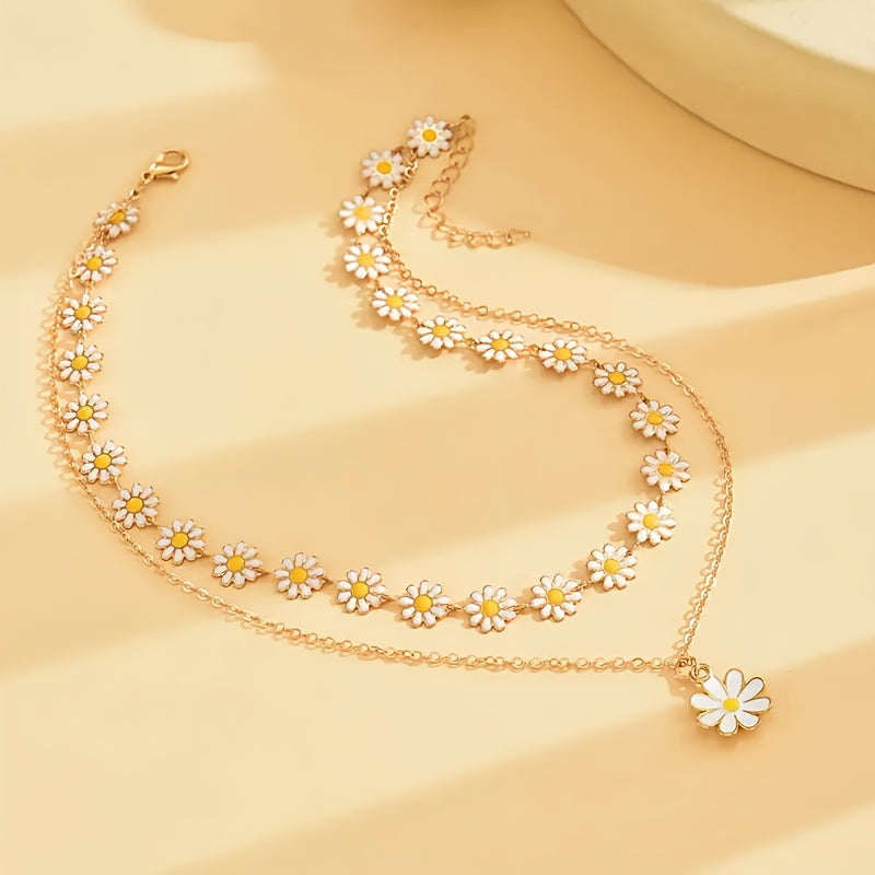 2pcs Fashion Classic Daisy Chain Necklace Set with White Flower Pendant, Double Layer Collarbone Necklace for Women - Perfect for Daily Wear and Party Accessories