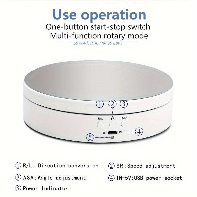 Electric Rotating Display Stand Turntable with Mirror Top, USB Powered, 5V Operating Voltage, 3 Speeds, Jewelry Display Holder, 6.6lbs Capacity