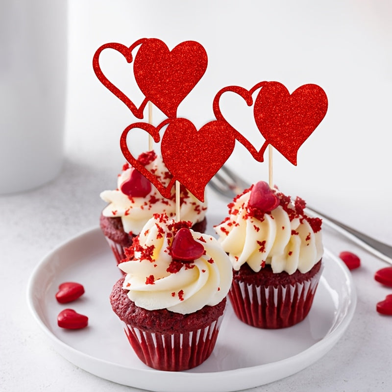 24pcs Valentine'S Day Cupcake Toppers, Glitter Hollow Love Cupcake Toppers, Picks, Red Love Heart Birthday Cake Decorations for Valentine'S Day, Weddings, Engagements, Showers, Festival Party Cake Decor for Halloween, Christm
