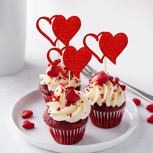 24pcs Valentine'S Day Cupcake Toppers, Glitter Hollow Love Cupcake Toppers, Picks, Red Love Heart Birthday Cake Decorations for Valentine'S Day, Weddings, Engagements, Showers, Festival Party Cake Decor for Halloween, Christm